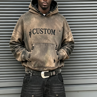 Sweat à capuche personnalisé 100% coton épais, délavé à l'acide, style vintage, en molleton bouclette, effet usé et décoloré par le soleil, pour homme, avec bords bruts et déchirés, style streetwear
