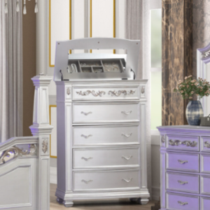 Mesita de Noche Metálica Plateada Glam con 3 Cajones y Tallado Ornamental para Dormitorio - Product Image 2