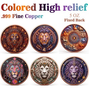 Moneta in Rame Puro 999 da 5 oz, Serie 12 Segni Zodiacali Leone, Colorata ad Alto Rilievo 3D UV, Edizione da Collezione - Product Image 1