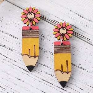 Boucles d'oreilles en bois cadeau de fête des enseignants tournesol crayon pendentif boucles d'oreilles pour femmes Uionen 1145 - Product Image 2