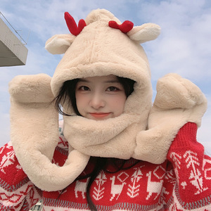 Conjunto de Gorro, Guantes y Bufanda con Diseño de Astas de Reno, 3 Piezas, Cálido para Invierno, Color Beige, Talla Adulto 56-58CM, Fibra de Poliéster - Product Image 1