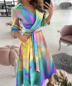 Robe longue décontractée pour femme 2026, élégante, à manches longues, col en V, imprimée, avec ceinture à la taille - Product Image 4