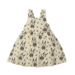 Beige rabbit cartoon print dress for children baby girls backless lace up dress