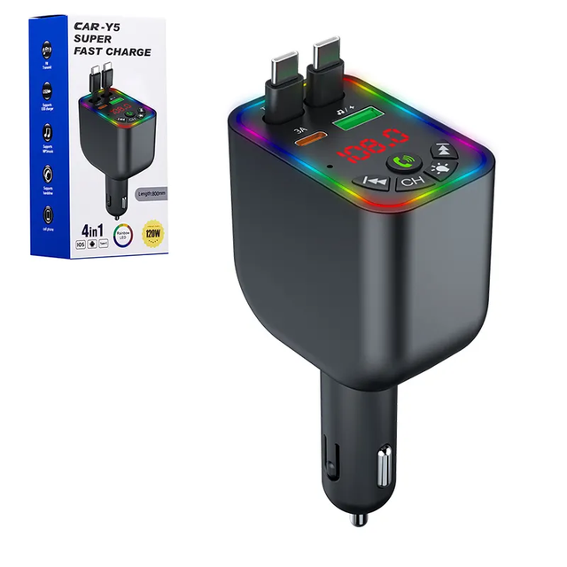 120W Retractable Cable Car Charger Wireless Radio Music Player Car Kit Hands Free Bluetooth 5.3 FM Transmitter