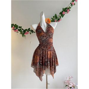 Vestido Halter Bohemio para Mujer con Estampado Paisley, de Gasa, Cintura Imperio, Silueta Asimétrica, Transpirable, Mini Vestido Fluido para Fiesta - Product Image 4