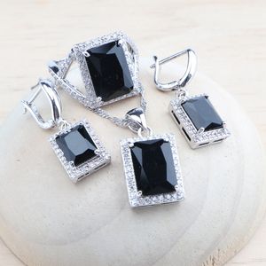Topaze noire 925 argent ensembles de bijoux de mariée pour femmes boucles d'oreilles de mariage anneau blanc Zircon pierres Bracelet pendentif collier ensemble - Product Image 2
