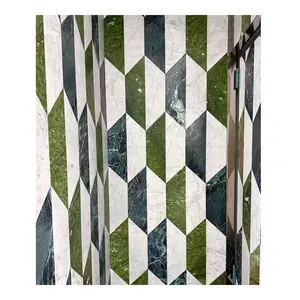 Obral besar ubin populer kualitas baik dangkas Ming hijau dan Carrara warna campuran putih batu marmer Waterjet dinding lantai mosaik ubin