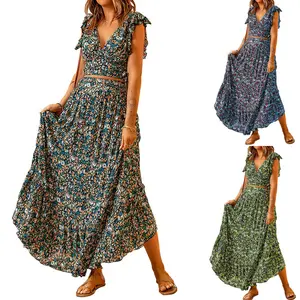 C CLOTHING Summer 2 Piece Maxi Skirt And Short Sleeve Peplum Top Set For Women