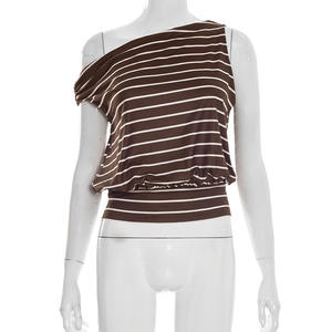 Viviblook J26TP043 T-shirt d'été pour femme, nouveau modèle rayé, col bateau, épaules dénudées, taille ample, sans manches, crop top pour femmes - Product Image 1