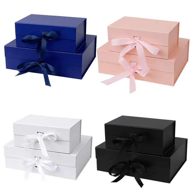 Kotak hadiah kertas lipat penutupan magnetis warna-warni harga murah untuk kemasan pakaian dengan pita