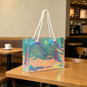 Custom Laser PVC Handbag Holographic Jelly Transparent <b>Large</b> Capacity <b>Gift</b> Shopping Beach <b>Bag</b> with Jute Rope Handle - Product Image 1
