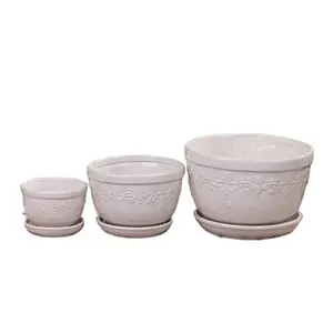 Different Size Outdoor Embossed Floor Pot Stoneware Color Glazed White Flowerpot Ceramic With Base Plate