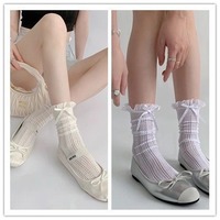 Chaussettes mi-mollet pour femme, style ballet, antidérapantes, à volants, en maille fine, en tissu mélangé, avec nœuds et dentelle, collection Printemps