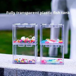 Miniatuur klein bureau-aquarium voor <span class=keywords><strong>betta</strong></span>'s, volledig transparant, milieuvriendelijk, niet-toxisch, rechthoekig, creatief bouwblok aquarium van plastic - Product Image 4