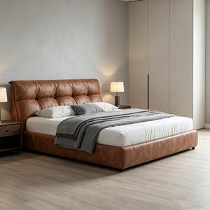 Cama matrimonial de cuero genuino color camel con caja de almacenamiento alta, para <span class=keywords><strong>dormitorio</strong></span> principal y secundario, con paquete de accesorios suaves. - Product Image 2