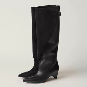 Women Custom Low Spike Heels Long <b>Boots</b> Pointy Toe Knee High Booties on Stiletto Dress Suede Leather Patchwork Shoes - Product Image 2