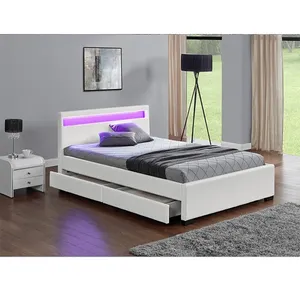 Cama de couro de pu de tamanho duplo branco ou preto, com luz led e gaveta de armazenamento