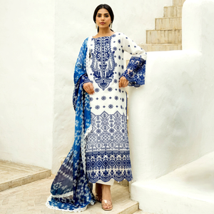 Ensemble ethnique indien pakistanais pour femme, style Anarkali, blanc et bleu imprimé, coupe ample, avec dupatta, Shalwar Kameez - Product Image 1
