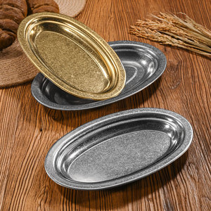 Assiette ovale rétro en acier inoxydable 18-18,9 cm, épaissie et vieillie, pour barbecue, poisson, légumes à la vapeur, rouleaux de nouilles de riz - Product Image 2