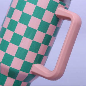 Nouvelle Tasse de Voyage Isotherme en Acier Inoxydable à Motif à Carreaux, Grande Capacité 40 oz, avec Poignée et Paille, Motif Floral - Product Image 2