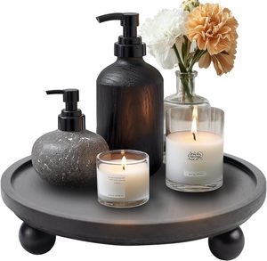 11 Inch Circle Footed <strong>Tray</strong> Decorative Display <strong>Riser</strong> Wood Stand Wood Round Wooden Black <strong>Tray</strong> <strong>Riser</strong> for Home Decor - Product Image 1