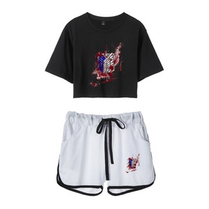 Conjunto de ropa urbana con logo de <span class=keywords><strong>Attack</strong></span> <span class=keywords><strong>on</strong></span> Titan, cuello mandarín, manga corta y ombligo expuesto para mujer - Product Image 3