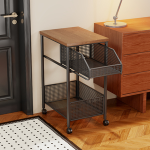 Storage <b>Cart</b> With Wooden Top And Metal Mesh Shelves For Living Room Or Bedroom Use - Product Image 2