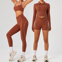 Pantalones cortos deportivos con aros y efecto moldeador de abdomen, shorts de fitness para correr, sujetador deportivo con cuello envolvente, conjunto de yoga.