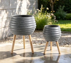 Horizontal Ribbed Tripod Plant Pot Set of 3, <b>Tall</b> Standing Flower <b>Planter</b> with <b>Wooden</b> Legs, Cement Texture Indoor Outdoor - Product Image 2
