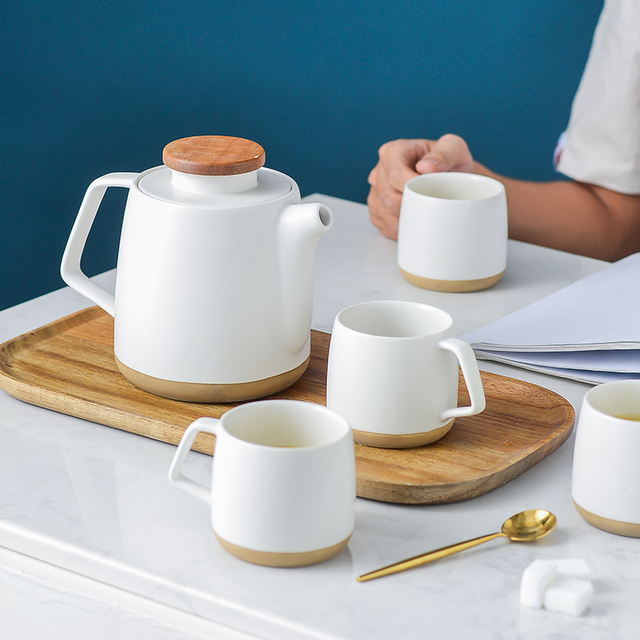 Nordic Style Eco-Friendly White Black Ceramic Tea Sets with Wood Lid Porcelain Teapot and 4 Cups Drinkware Set