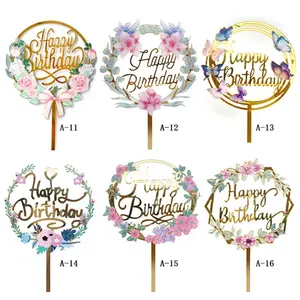 Custom Wholesale Acrylic Plug-in 12cm Color Printing Flowers Happy Birthday Cake Decoration Wedding Card