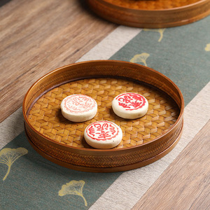 Handmade Bamboo Woven Fruit <b>Basket</b> Round <b>Tray</b> With Handle For Snacks Dried Fruits Residential Use Solid Pattern - Product Image 4
