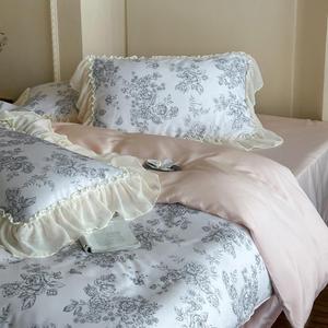 2025 nuova Lyocell quattro pezzi lenzuola Sabanas <span class=keywords><strong>francese</strong></span> Chiffon pizzo bordo piumino copripiumino rosa stampa floreale Set biancheria da <span class=keywords><strong>letto</strong></span> - Product Image 5