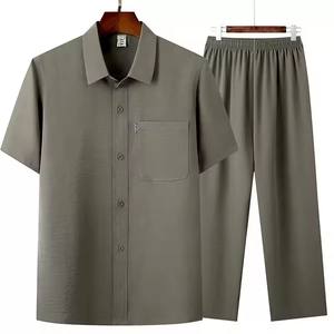 Camicia da uomo a manica corta pantaloni lunghi Set abiti estivi con bottone con risvolto tinta unita <span class=keywords><strong>2</strong></span> pezzi Set Casual da uomo traspirante - Product Image 4