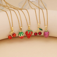 Collier en Chaîne Acier Inoxydable Plaqué Or avec Pendentif Cuivre Fruits Fraise Cerise Mignonne Tendance, Bijoux pour Femme