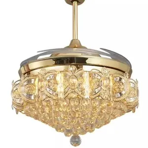 Decorative Lighting led Modern Ceiling Fan with hidden blades Led lights K9 Crystal Gold color fan chandelier