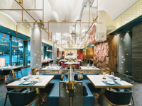 Meubles de restaurant américains personnalisés, sièges de banquettes en velours bleu rembourrés en marbre, canapé de cafétéria, table basse, salle à manger, salon