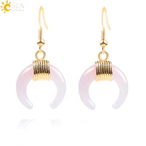 CSJA hot natural gemstone crescent moon earrings gold color wire wrapped rose quartz opal crystal buffalo horn ear ring F062