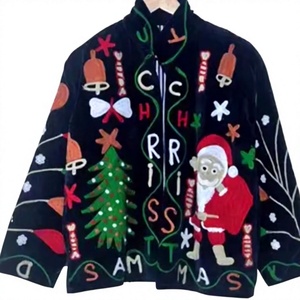 Christmas Embroidered <b>Velvet</b> Fleece Jacket <b>Women</b> Holiday Outerwear Full Sleeve Stand Collar Winter <b>Coat</b> - Product Image 4