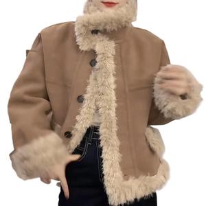 Haut de veste épais à manches longues en fourrure unie à col montant et boutonnage simple en couleur café <span class=keywords><strong>beige</strong></span> - Product Image 5