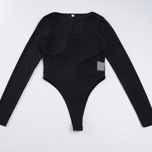Combinaison en maille transparente noire unie - Combinaison sexy gothique à manches longues avec détails découpés, tenue de scène et de club sensuelle, vente en gros - Product Image 2