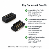 Konektor Board-to-Board Dual-Slot Pria/Wanita 0.5mm Tinggi Susun 3.0mm 6-100 Pin SMT RoHS PC Housing PCB