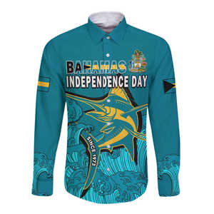 Camisa de Manga Larga Personalizada con Botones para el Día de la Independencia de las Bahamas, Estilo <span class=keywords><strong>Marlin</strong></span> Azul Bahamense Desde 1973, Camisas para Hombre - Product Image 2