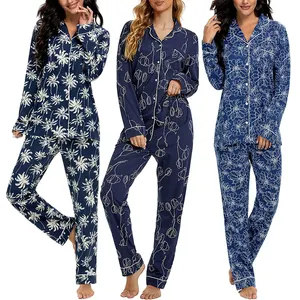 Luxury ladies Designer Cotton Pajamas 2pcs Button Down Long Sleeve Floral Print Pj Set Sleepwear For Women