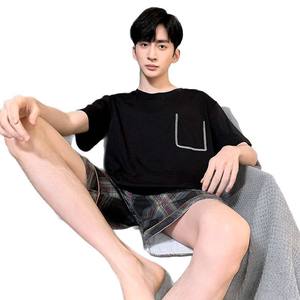 Set <span class=keywords><strong>pigiama</strong></span> in <span class=keywords><strong>cotone</strong></span> traspirante da <span class=keywords><strong>uomo</strong></span> estivo a manica corta Casual in due pezzi per indumenti da casa <span class=keywords><strong>pantaloncini</strong></span> da notte per la stagione calda - Product Image 1