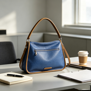 Bolso de hombro de cuero granulado azul, con asa superior de contraste color canela y correa cruzada desmontable - Product Image 5