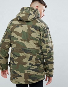 KY Fixed Hood Zip Fastening Press-stud Placket Padded Parka <strong>Camo</strong> Mens Long <strong>Jacket</strong> With Hood in Khaki - Product Image 4