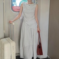 Ensemble Complet de Costume d'Été Rayé Style Français pour Femme - Haut Sans Manches en Polyester Longueur Mi-Mollet Super Tendance Tenue 2026