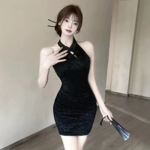 Embroidered Modified Cheongsam Dress High Waisted Slim Fit Party Wear Traditional Chinese Style Apricot Black YX-8172 - Product Image 2