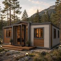 ZYBOX Maison conteneur extensible 30 pieds en matériaux mixtes, bois gris, toit asymétrique bicolore, lodge préfabriqué de montagne